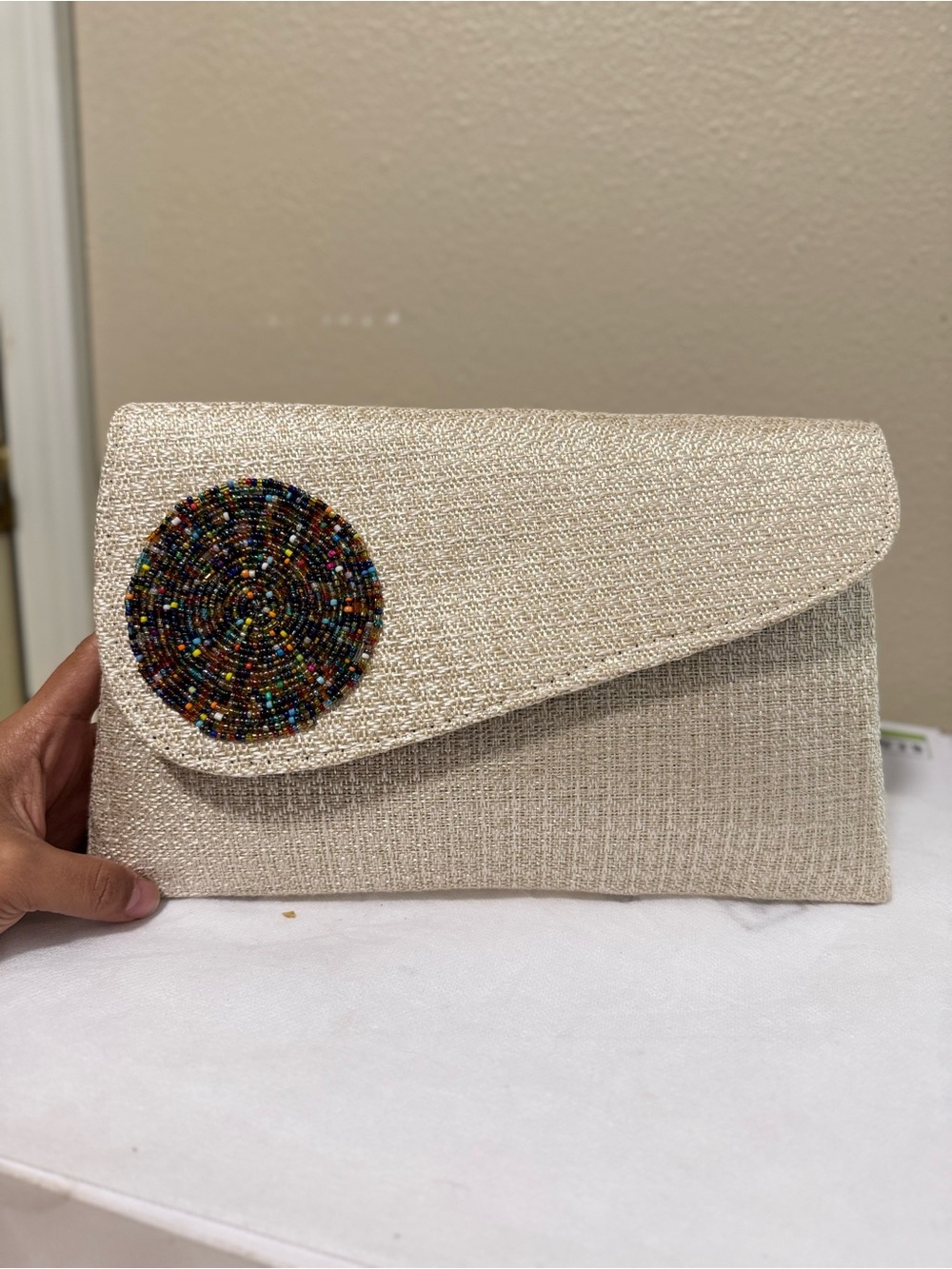 African handmade Beige Metallic Rectangle Clutch Magnetic Beaded Accent